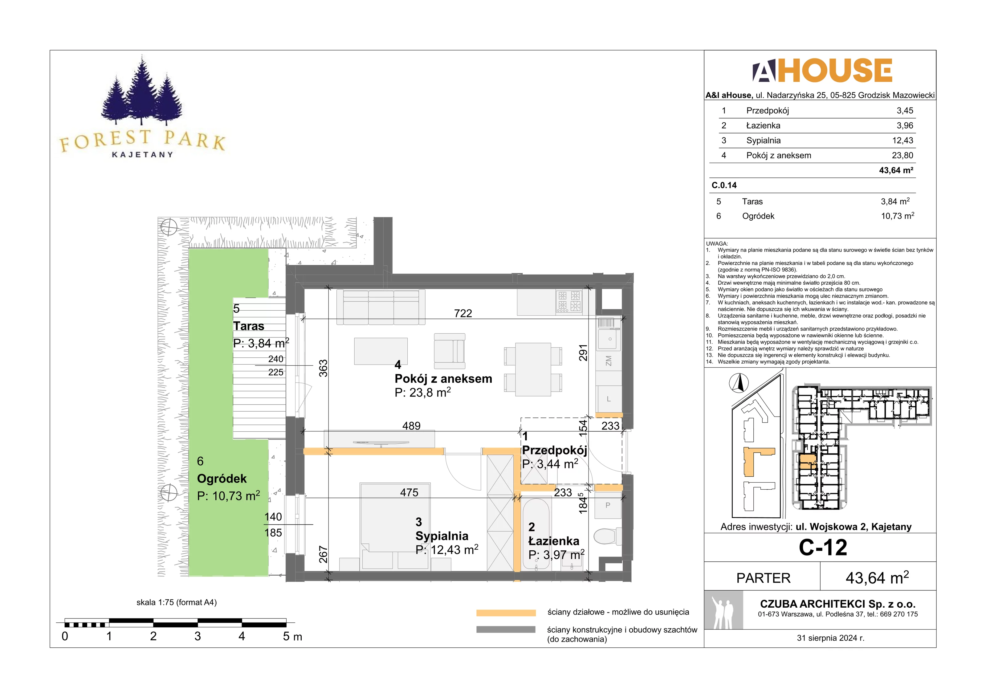 2 pokoje, mieszkanie 43,64 m², parter, oferta nr C-12, Forest Park Kajetany, Kajetany, ul. Wojskowa 2